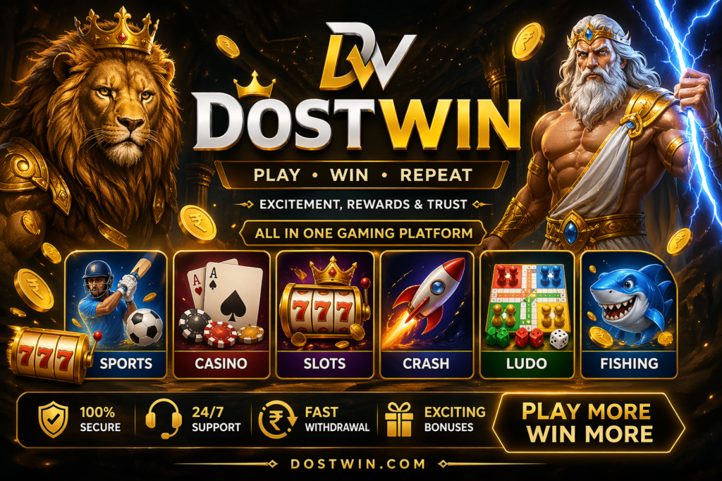 Dostwin gaming platform banner featuring sports betting, casino games, slots, crash game, ludo and fishing with gold theme, fast withdrawal, bonuses and secure online earning app

