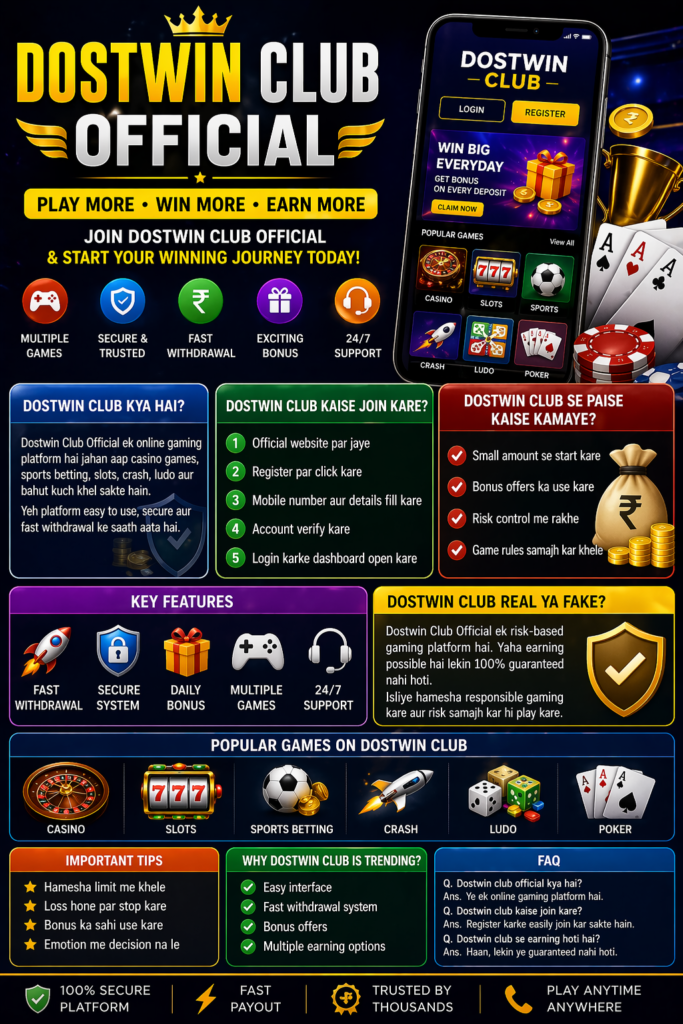 Dostwin club official online gaming platform with casino, sports betting, slots and fast withdrawal with bonus rewards